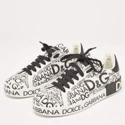 Pre Owned Dolce & Gabbana White/Black Leather Logo Print Portofino Low Top Sneakers Size 37.5