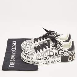 Pre Owned Dolce & Gabbana White/Black Leather Logo Print Portofino Low Top Sneakers Size 37.5