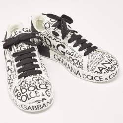 Pre Owned Dolce & Gabbana White/Black Leather Logo Print Portofino Low Top Sneakers Size 37.5
