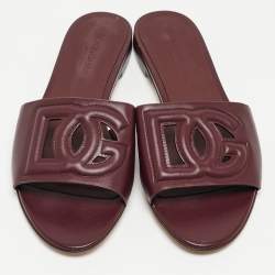 Pre Owned Dolce & Gabbana Burgundy Leather DG Cut Out Flat Slides Size 36
