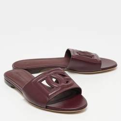 Pre Owned Dolce & Gabbana Burgundy Leather DG Cut Out Flat Slides Size 36