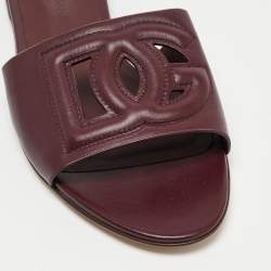 Pre Owned Dolce & Gabbana Burgundy Leather DG Cut Out Flat Slides Size 36