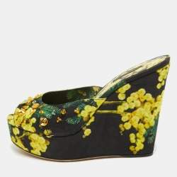 Dolce & Gabbana Tricolor Printed Canvas Crystal Embellished Wedge Slide Sandals Size 38.5