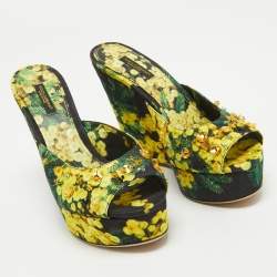 Dolce & Gabbana Tricolor Printed Canvas Crystal Embellished Wedge Slide Sandals Size 38.5