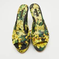 Dolce & Gabbana Tricolor Printed Canvas Crystal Embellished Wedge Slide Sandals Size 38.5