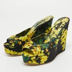 Dolce & Gabbana Tricolor Printed Canvas Crystal Embellished Wedge Slide Sandals Size 38.5