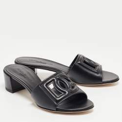 Pre Owned Dolce & Gabbana Black Leather DG Cut Out Slide Sandals Size 37