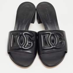 Pre Owned Dolce & Gabbana Black Leather DG Cut Out Slide Sandals Size 37