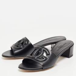 Pre Owned Dolce & Gabbana Black Leather DG Cut Out Slide Sandals Size 37