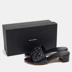 Pre Owned Dolce & Gabbana Black Leather DG Cut Out Slide Sandals Size 37