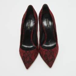 Pre Owned Dolce & Gabbana Black/Dark Red Lace and Suede Pointed Toe Pumps Size 37