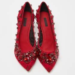 Pre Owned Dolce & Gabbana Red Lace Crystal Embellished Pumps Size 41