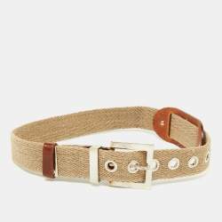 Pre Owned Dolce & Gabbana Beige Canvas and Leather Plaque Detail Waist Belt 65CM