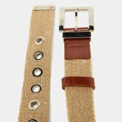 Pre Owned Dolce & Gabbana Beige Canvas and Leather Plaque Detail Waist Belt 65CM