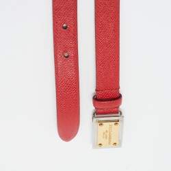 Pre Owned Dolce & Gabbana Red Leather Logo Plaque Slim Belt 85 CM