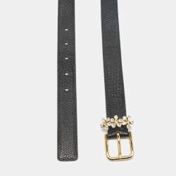 Pre Owned Dolce & Gabbana Black Lizard Embossed Leather Floral Crystals Buckle Belt 80CM