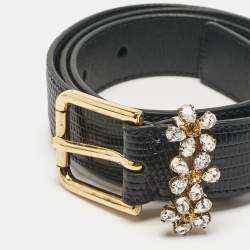Pre Owned Dolce & Gabbana Black Lizard Embossed Leather Floral Crystals Buckle Belt 80CM