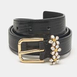 Pre Owned Dolce & Gabbana Black Lizard Embossed Leather Floral Crystals Buckle Belt 80CM
