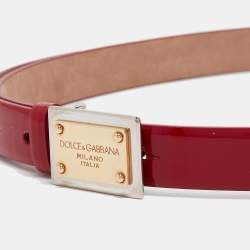 Pre Owned Dolce & Gabbana Red Patent Leather Logo Plaque Belt 75 CM