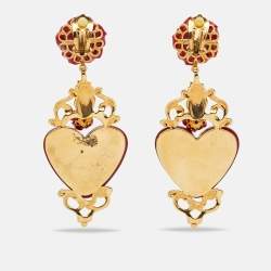 Dolce & Gabbana Fleur de Lis Heart Resin Enamel Gold Tone Long Earrings