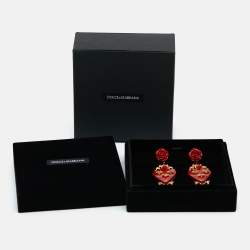 Dolce & Gabbana Fleur de Lis Heart Resin Enamel Gold Tone Long Earrings