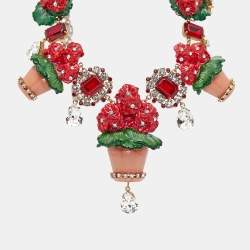 Pre Owned Dolce & Gabbana  Crystal Geranium Pot Flower Necklace Chocker Gold Tone Red Green Necklace