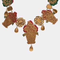 Pre Owned Dolce & Gabbana  Crystal Geranium Pot Flower Necklace Chocker Gold Tone Red Green Necklace