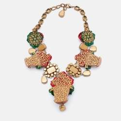 Pre Owned Dolce & Gabbana  Crystal Geranium Pot Flower Necklace Chocker Gold Tone Red Green Necklace