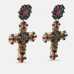 Pre Owned Dolce & Gabbana Cross Crystals Gold Tone Earrings