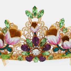 Pre Owned Dolce & Gabbana Gold Tone Flower & Crystal Embellished Tiara