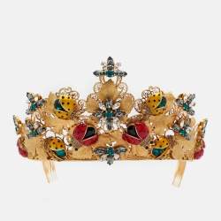 Pre Owned Dolce & Gabbana Gold Tone Resin Beetle & Crystal Embellished Tiara