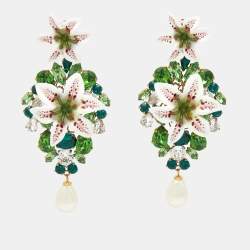 Pre Owned Dolce & Gabbana  Crystal Faux Pearl Resin Lily Gold Tone Earrings