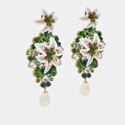 Pre Owned Dolce & Gabbana  Crystal Faux Pearl Resin Lily Gold Tone Earrings