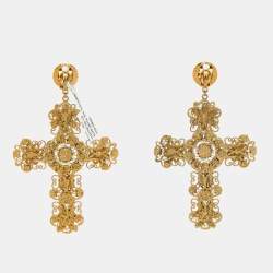Pre Owned Dolce & Gabbana  Cross Crystal Embellished Gold Tone Earrings