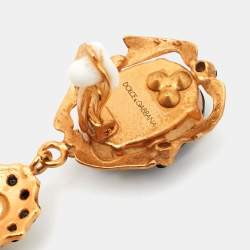 Dolce & Gabbana Cross Crystals Faux Pearl Gold Tone Earrings