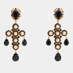 Dolce & Gabbana Cross Crystals Faux Pearl Gold Tone Earrings