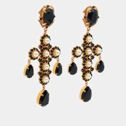 Dolce & Gabbana Cross Crystals Faux Pearl Gold Tone Earrings