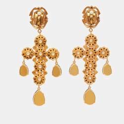 Dolce & Gabbana Cross Crystals Faux Pearl Gold Tone Earrings