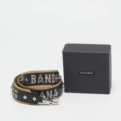 Dolce & Gabbana Black/Khaki Leather and Fabric Citta Di Palermo Studded Shoulder Bag Strap