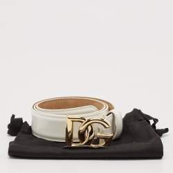 Pre Owned Dolce & Gabbana White Leather DG Logo Buckle Belt 85CM