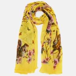 Dolce & Gabbana Yellow Flora & Fauna Print Silk Chiffon Scarf
