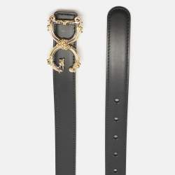 مملوكة مسبقًا Dolce & Gabbana Black Leather DG Baroque Logo Buckle Belt 75CM