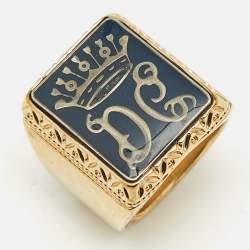 Pre Owned Dolce & Gabbana King Enamel Gold Tone Ring Size 57
