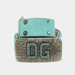 Dolce and Gabbana Turquoise Suede Studded DG Logo Plague Belt 80CM
