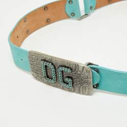 Dolce and Gabbana Turquoise Suede Studded DG Logo Plague Belt 80CM