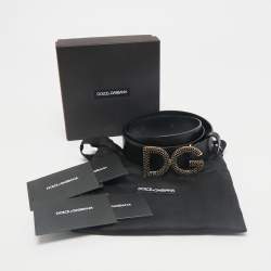 Dolce & Gabbana Black Leather Crystal Embellished DG Buckle Belt 110 CM