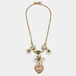 Dolce & Gabbana Lily Floral Devotion Faux Pearl Resin Crystal Gold Tone Pendant Necklace