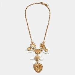 Dolce & Gabbana Lily Floral Devotion Faux Pearl Resin Crystal Gold Tone Pendant Necklace