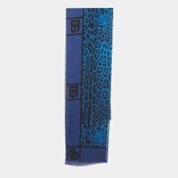 Pre Owned Dolce & Gabbana Blue Leopard Print Wool Blend Scarf 
