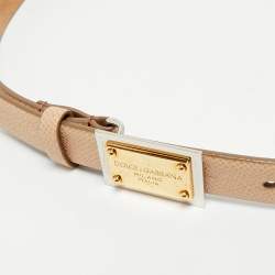 Pre Owned Dolce & Gabbana Beige Leather Logo Plaque Slim Belt 75 CM